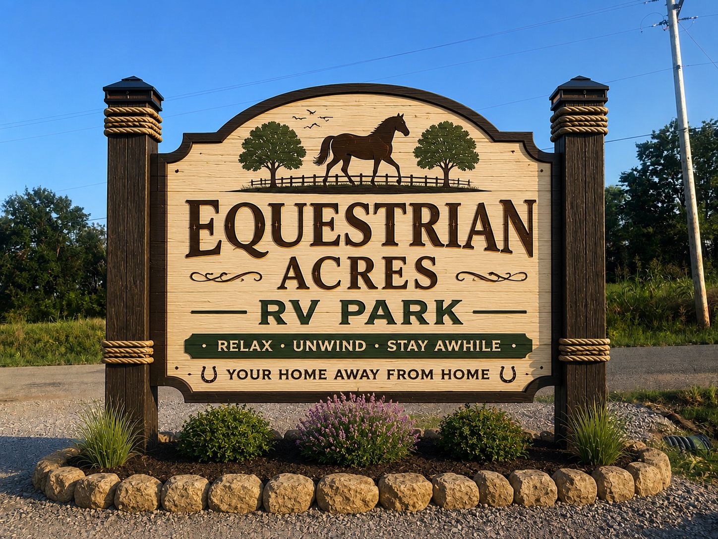The carved wooden entrance sign at the road, reading Equestrian Acres RV Park — Relax, Unwind, Stay Awhile.